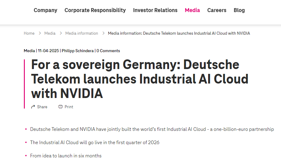 英伟达与德国电信斥资10亿欧元共建数据中心 拟将德国算力提升50%