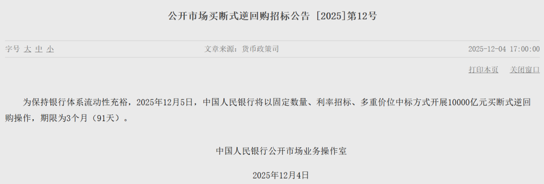 央行大动作！今日开展10000亿元买断式逆回购操作