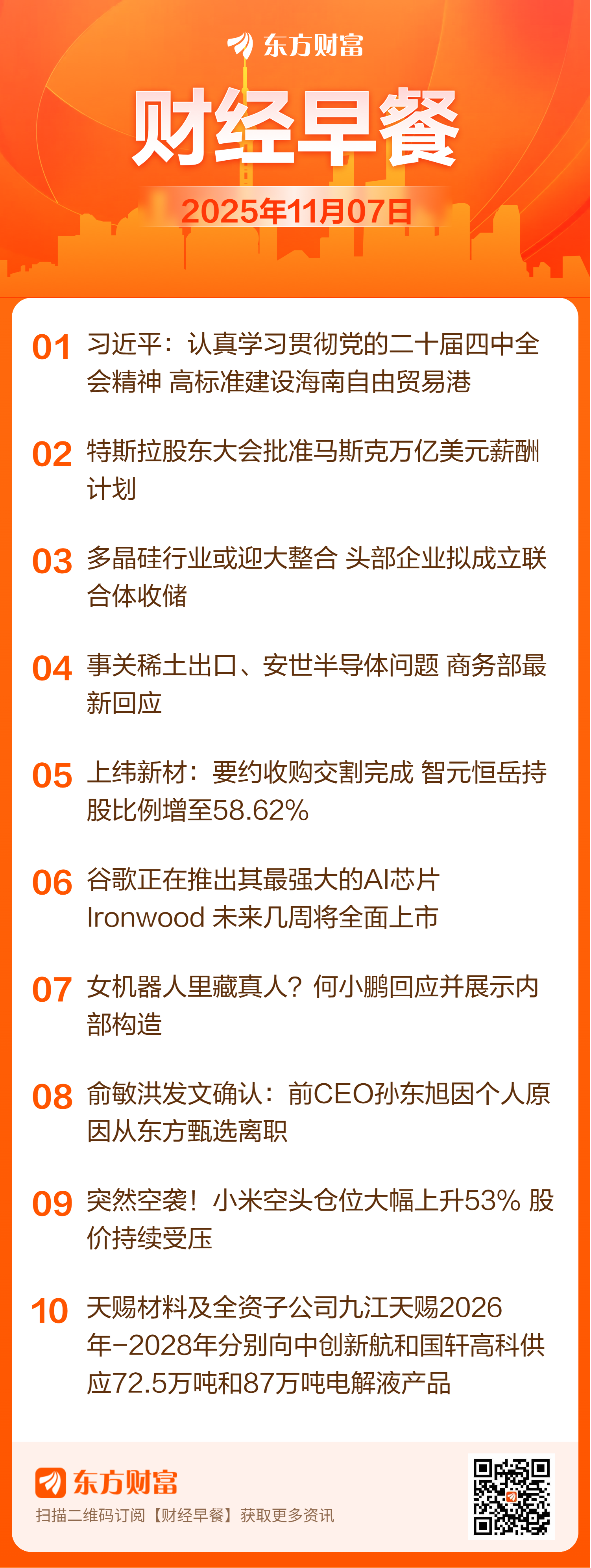 东方财富财经早餐 11月7日周五