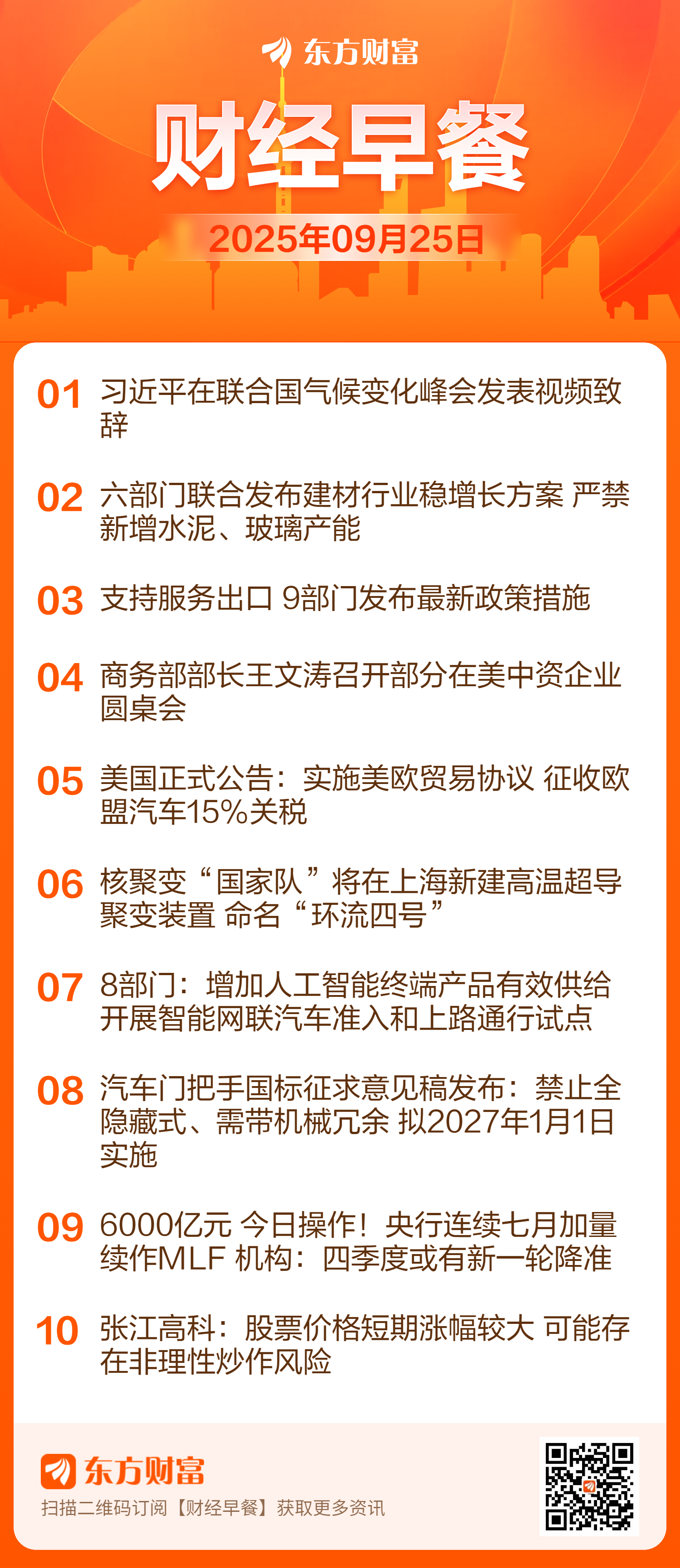 东方财富财经早餐 9月25日周四