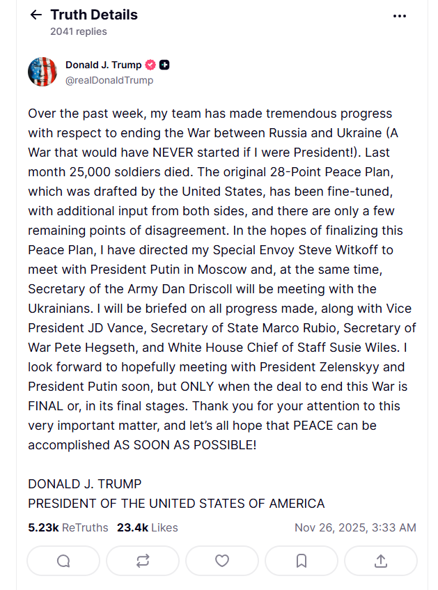 俄乌战争转机来了？特朗普：已“非常接近达成”和平协议 仅剩少数细节！