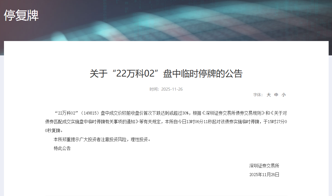 单日跌超30%!“22万科02”二次临停 万科股债齐探底