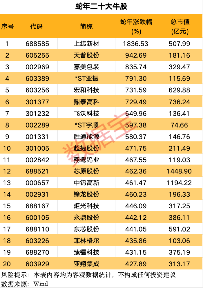 A股蛇年行情收官 两大行业涨幅居前 这些个股表现亮眼