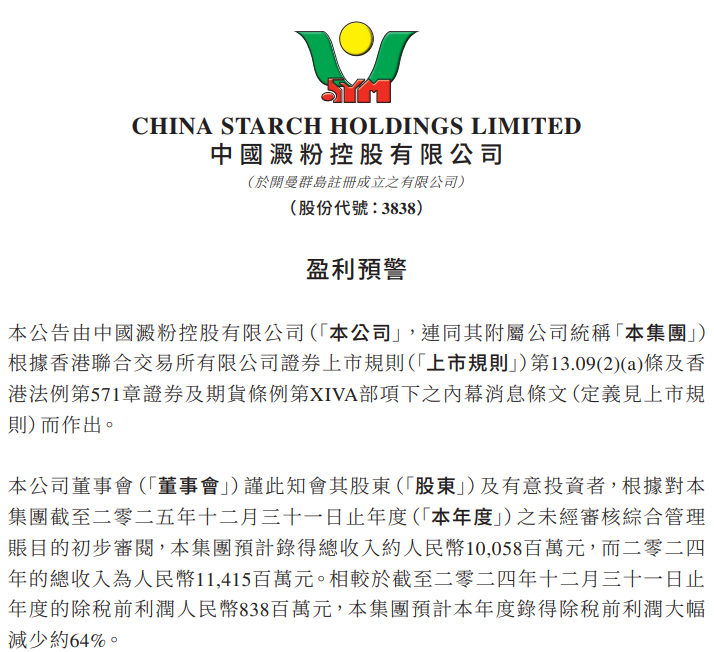 中国淀粉发盈利预警:受玉米粒价格连涨等冲击,2025年利润预减64%