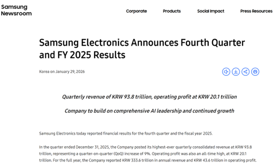 AI引爆存储涨价潮！三星Q4营收利润均创新高 芯片业务利润飙升470%